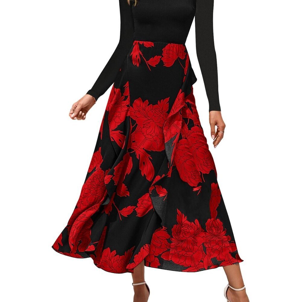 Floral Maxi Dress Elegant Ruffle Long Sleeve Cocktail Wedding Guest Fall